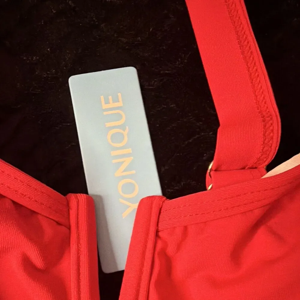 YONIQUE Women's Red Solid Ruched One Piece Swimsuit V-Wire Tummy Control, L